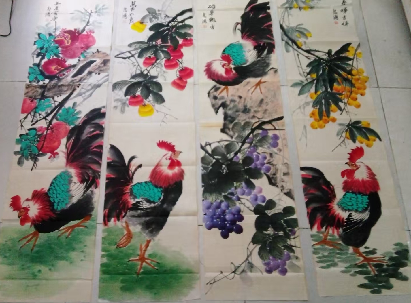 Xu Beihong Rooster Four-Panel Painting