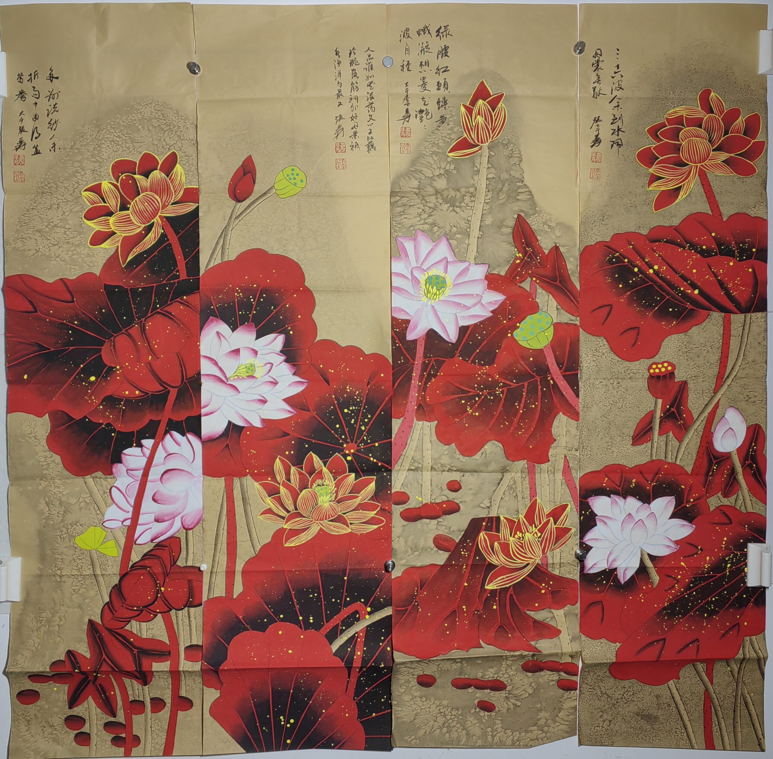 Four screens of four lotus flowers by Zhang Dajin