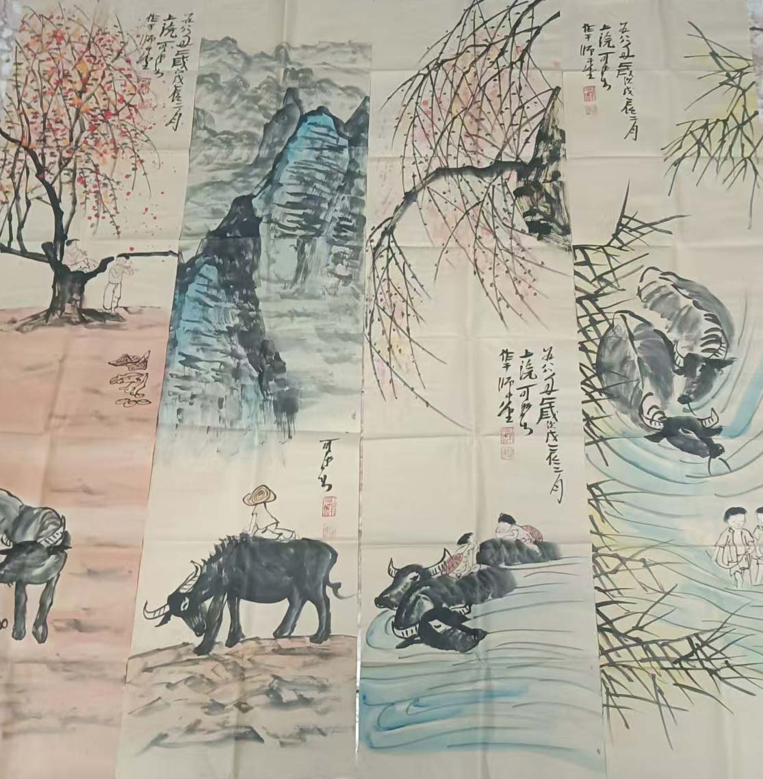 Four screens of Li Keran’s shepherd boy riding cattle-國際博寶藝術品交易網